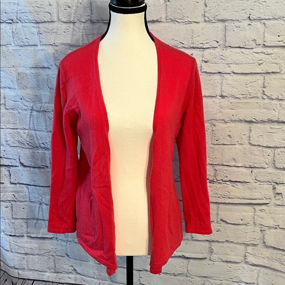 J. McLaughlin 100% Cashmere Open Cardigan Sweater Coral Pink 3/4 Sleeves Small